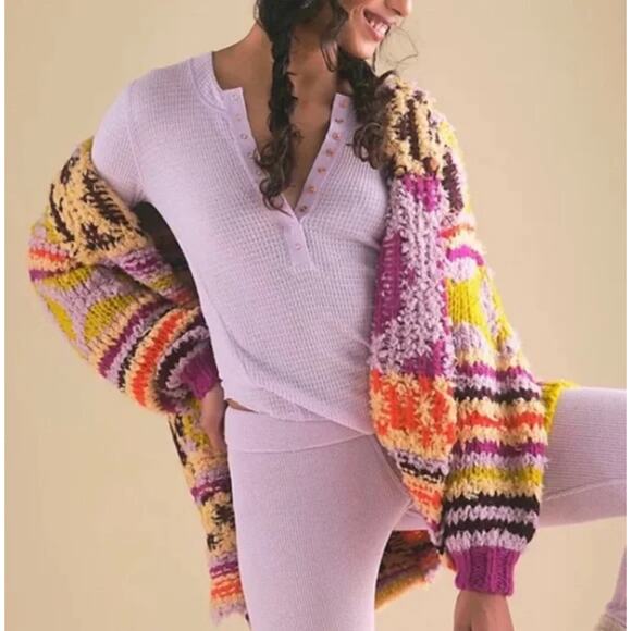 FREE PEOPLE Peggy Wool Blend Open Cardigan Sweater Sunshine Orchid Size XS Boho - Picture 8 of 10